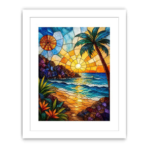 Stained-glass tropical sunset scene