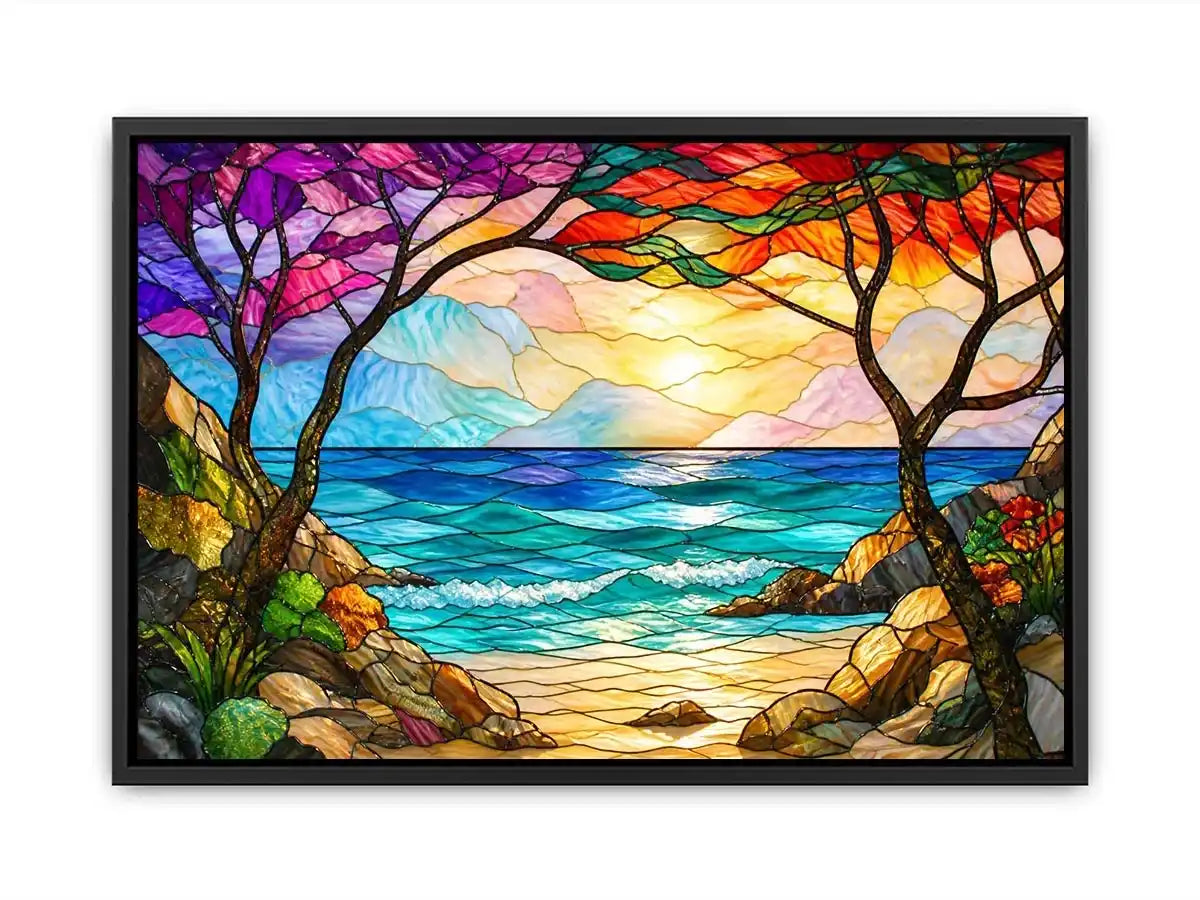 Stained-glass coastal sunrise view