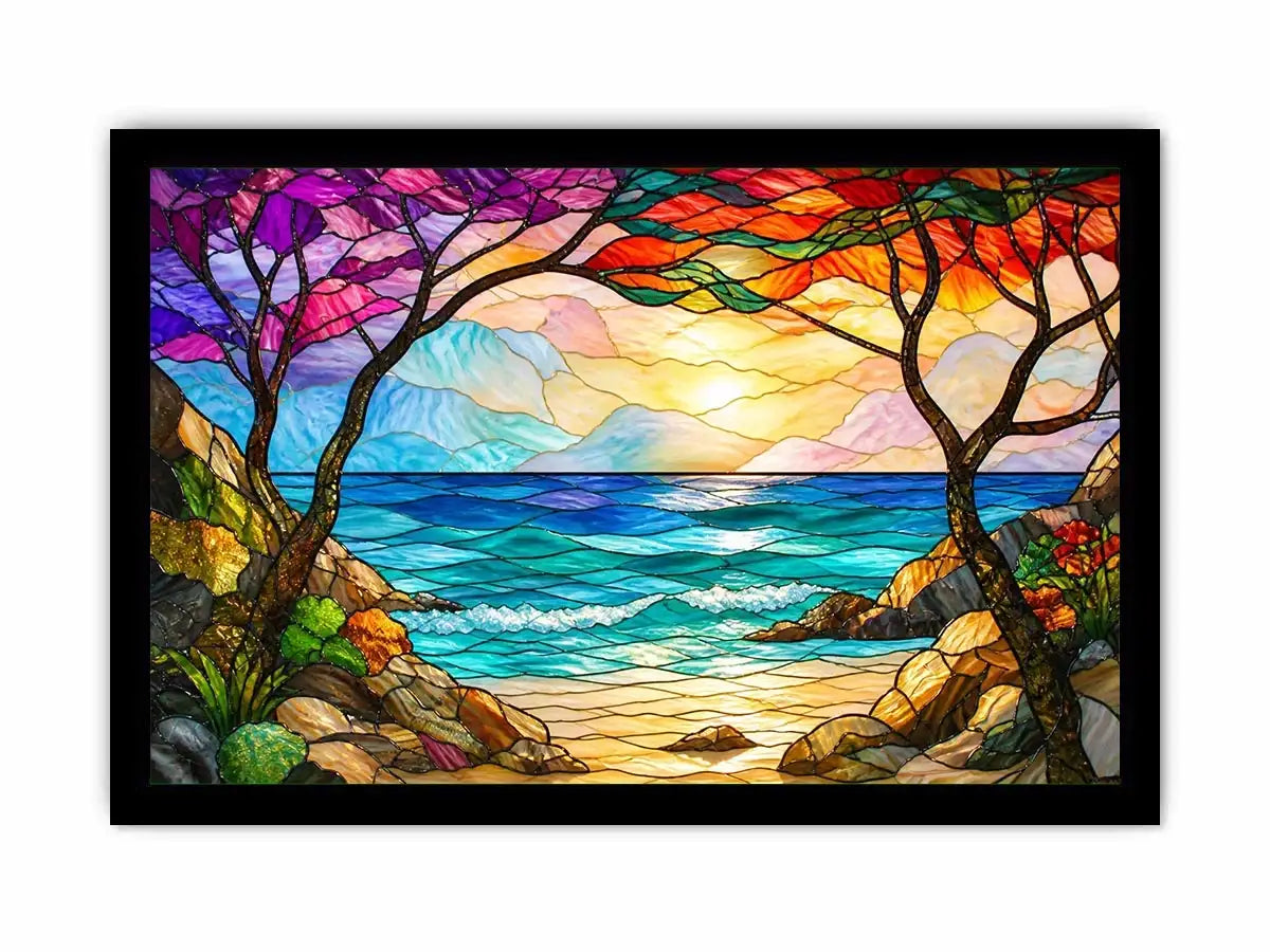 Stained-glass coastal sunrise view