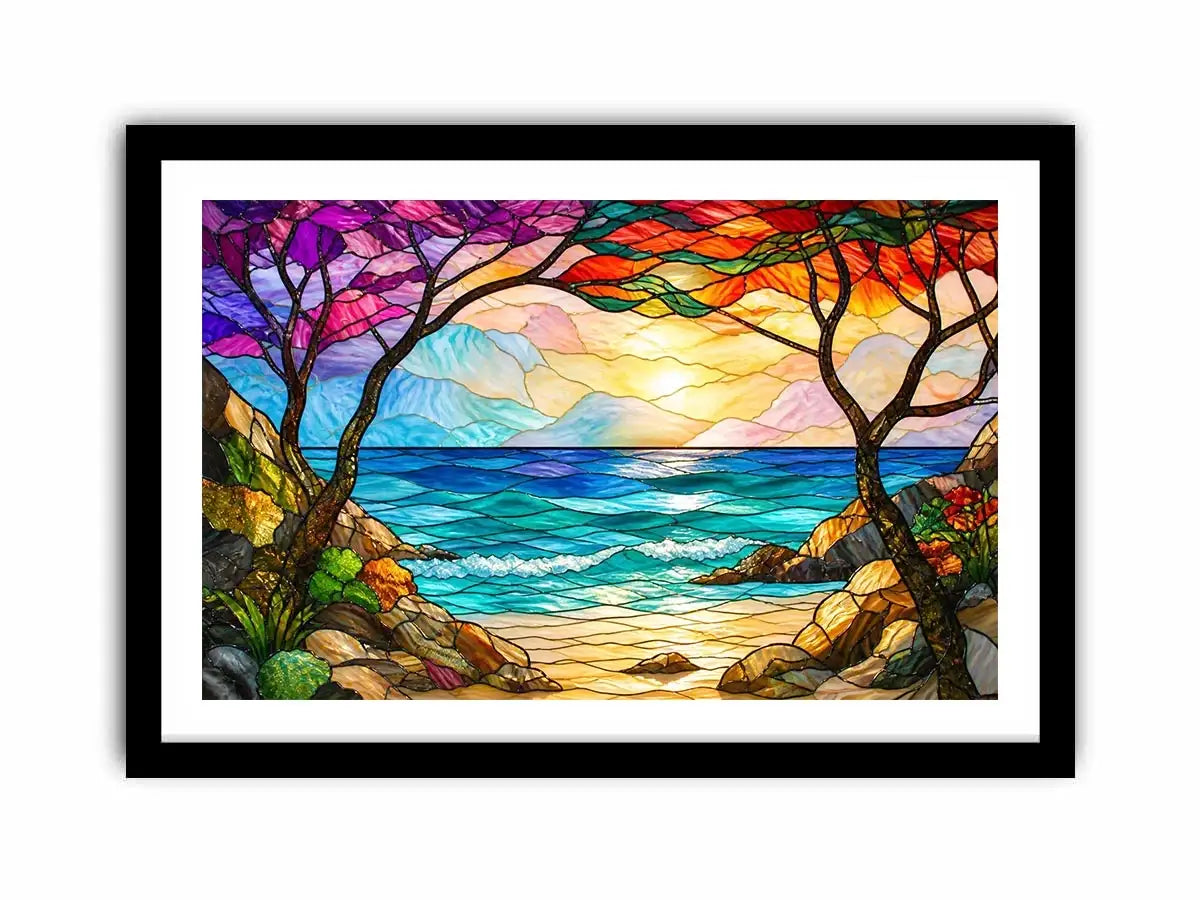 Stained-glass coastal sunrise view