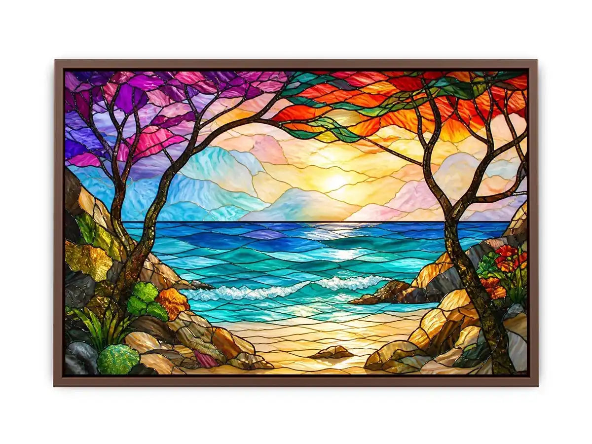 Stained-glass coastal sunrise view