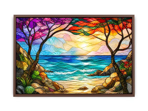 Stained-glass coastal sunrise view