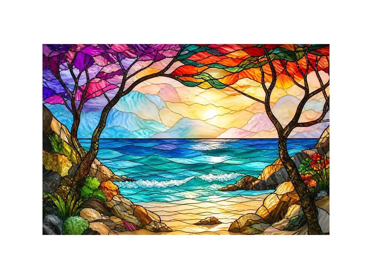 Stained-glass coastal sunrise view