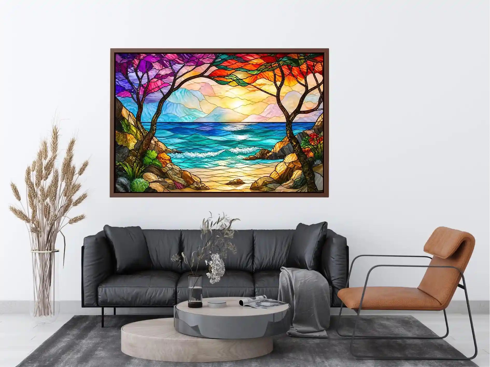 Stained-glass coastal sunrise view