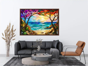 Stained-glass coastal sunrise view