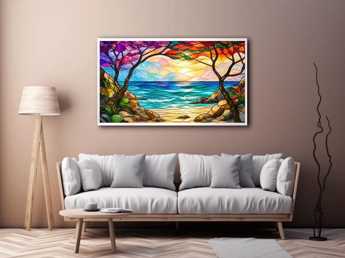 Stained-glass coastal sunrise view