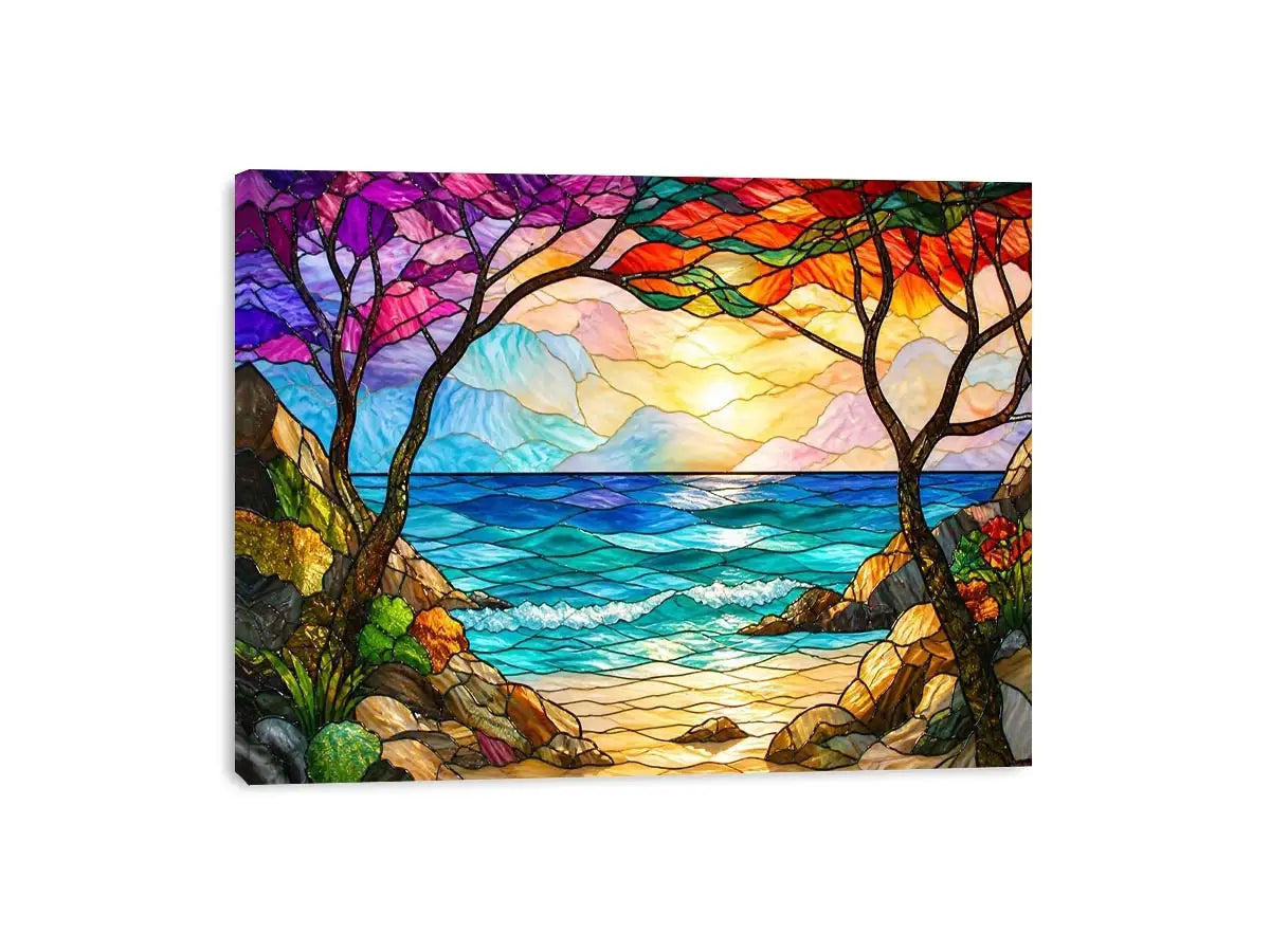 Stained-glass coastal sunrise view