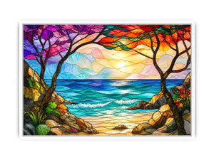 Stained-glass coastal sunrise view