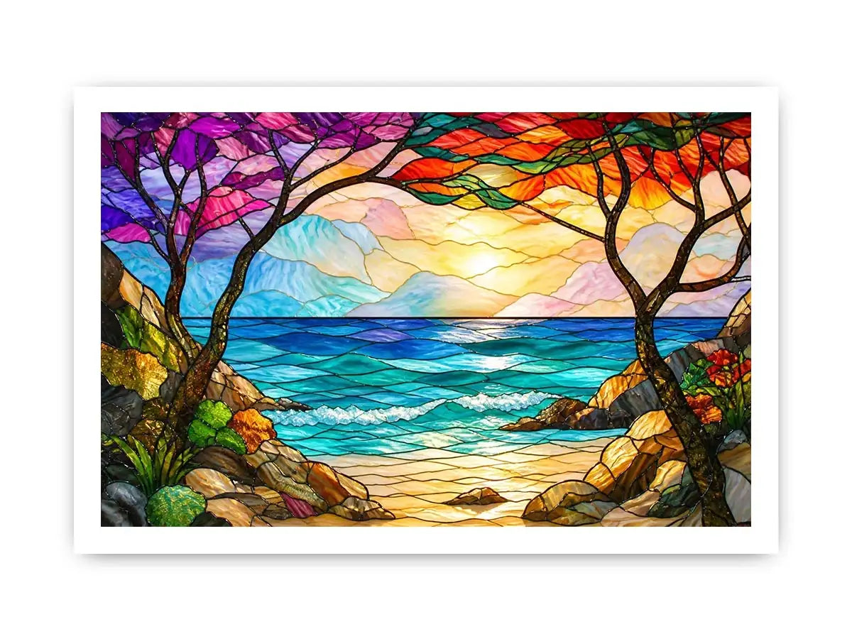 Stained-glass coastal sunrise view
