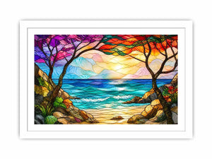 Stained-glass coastal sunrise view