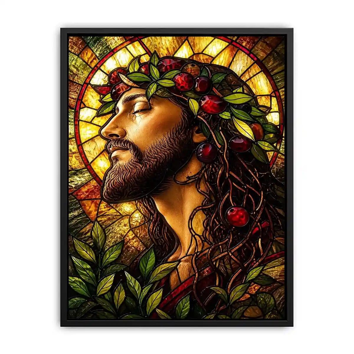 Serene saint in stained-glass glory