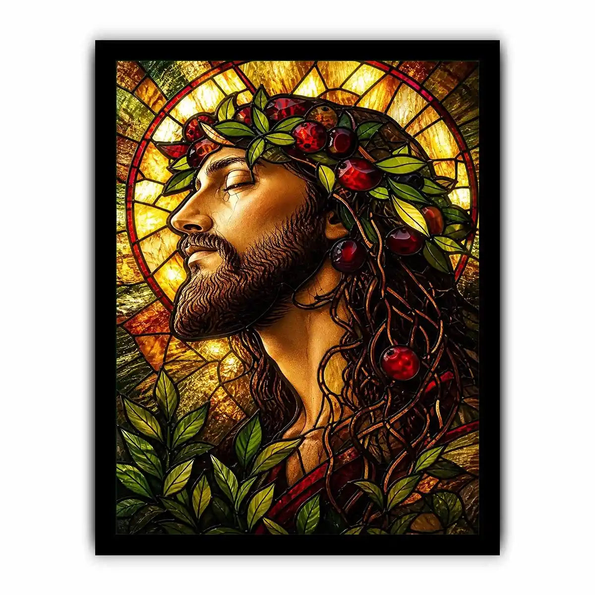 Serene saint in stained-glass glory