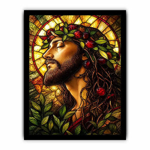 Serene saint in stained-glass glory