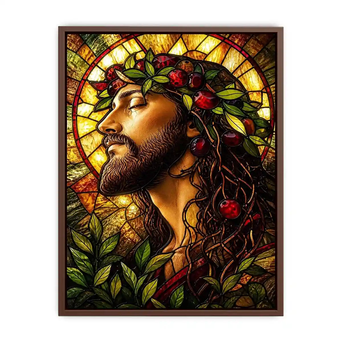 Serene saint in stained-glass glory