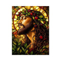 Serene saint in stained-glass glory