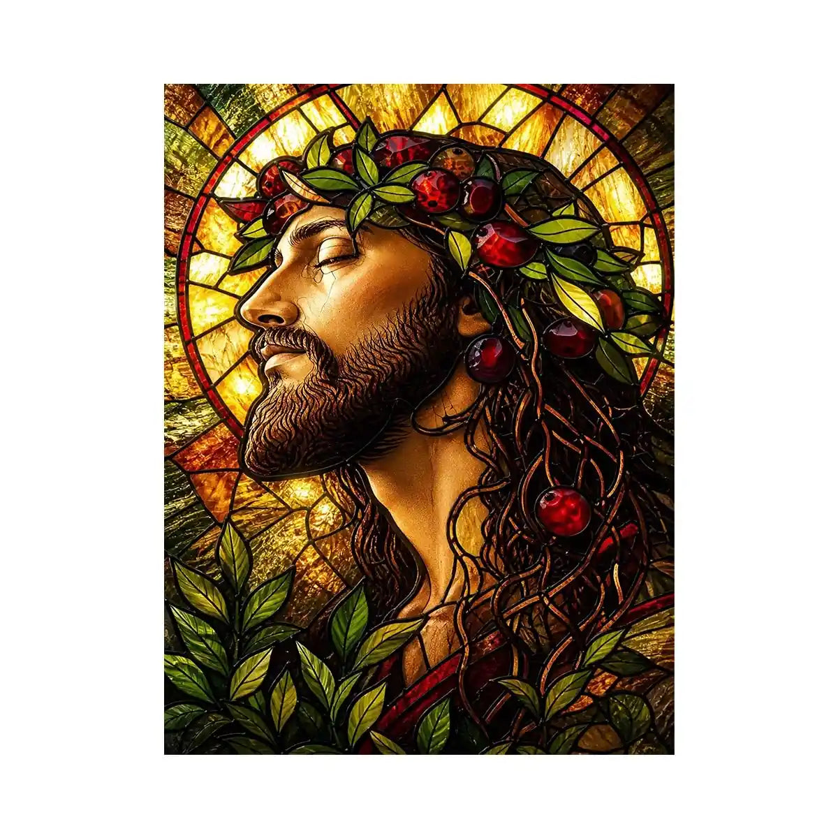 Serene saint in stained-glass glory