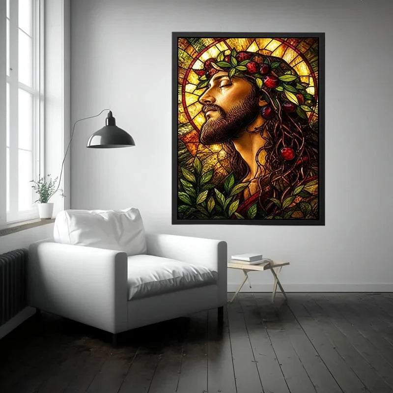 Serene saint in stained-glass glory