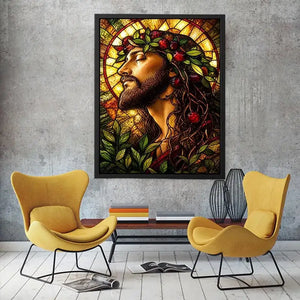 Serene saint in stained-glass glory