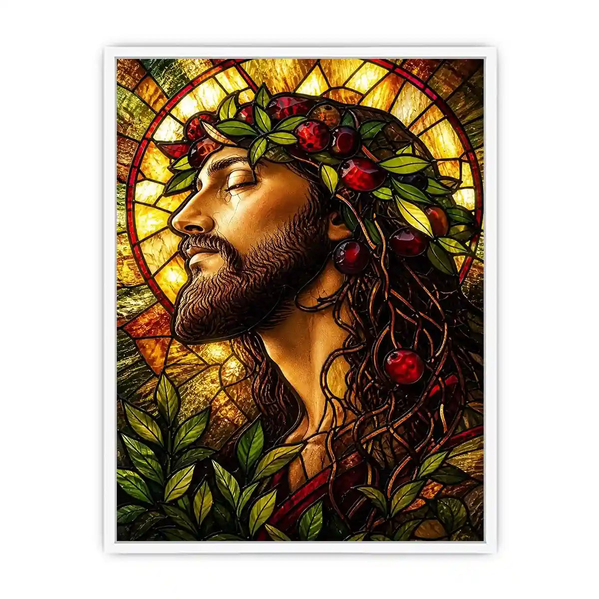 Serene saint in stained-glass glory