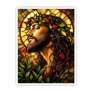 Serene saint in stained-glass glory