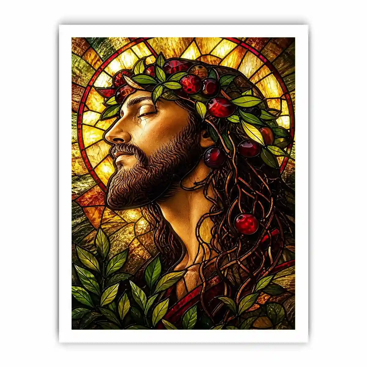 Serene saint in stained-glass glory