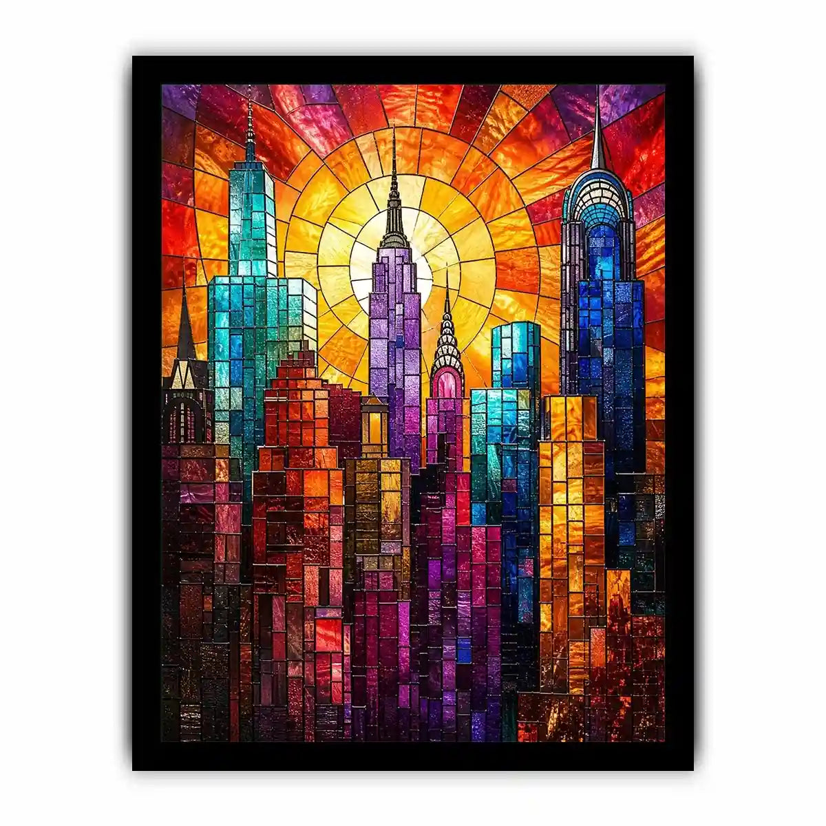 Radiant city skyline in stained glass