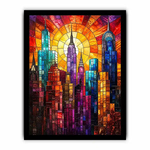 Radiant city skyline in stained glass