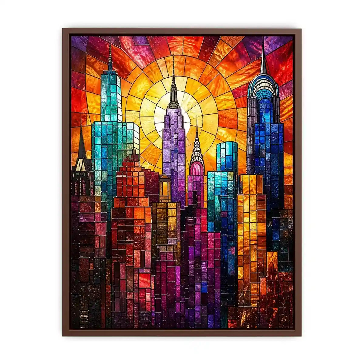 Radiant city skyline in stained glass
