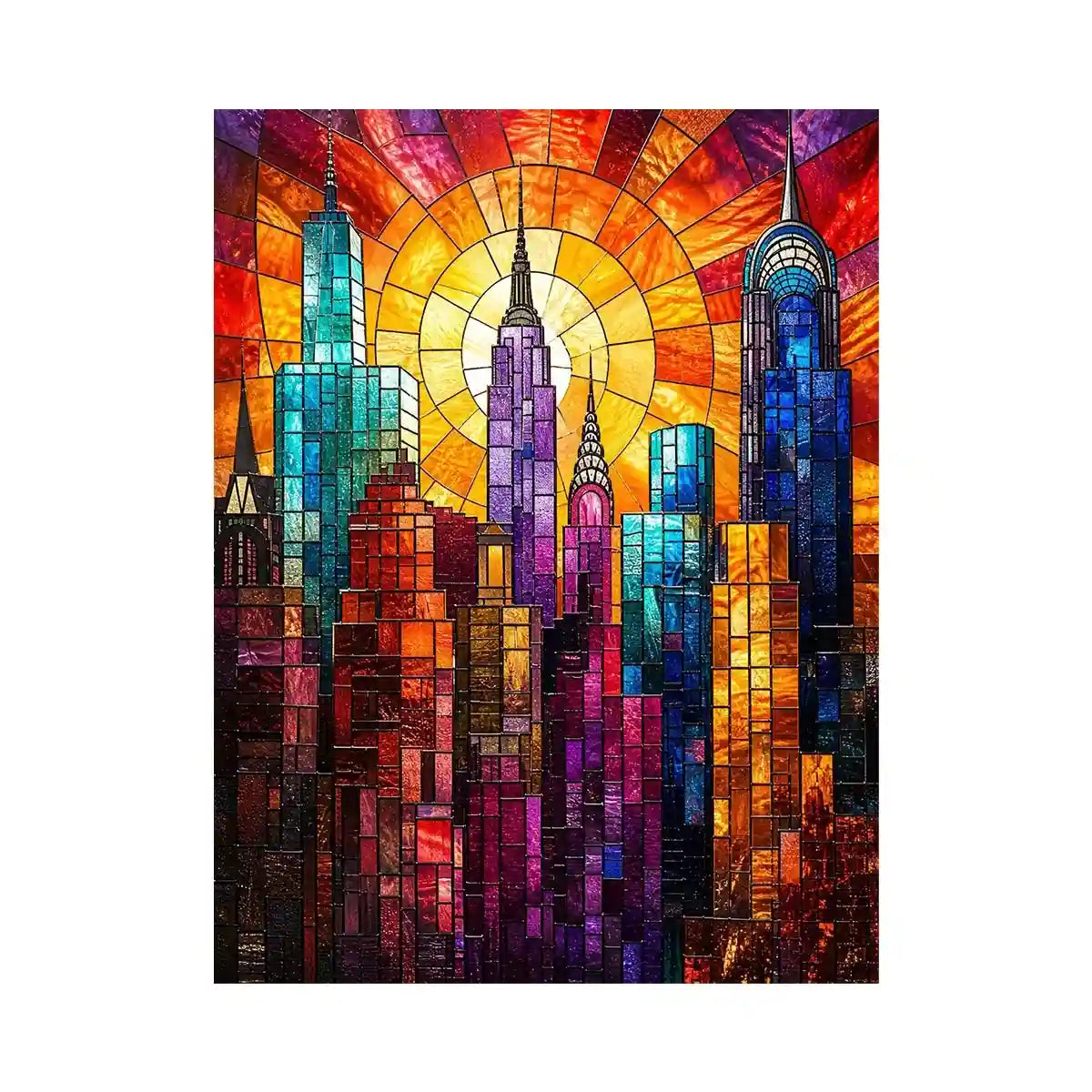 Radiant city skyline in stained glass