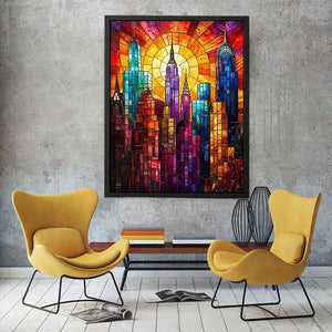 Radiant city skyline in stained glass