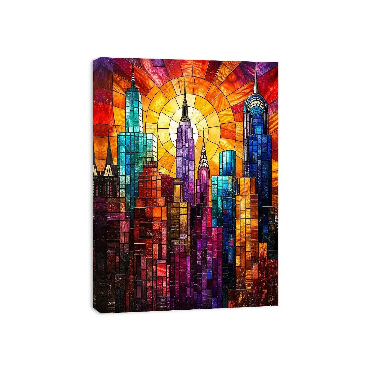 Radiant city skyline in stained glass