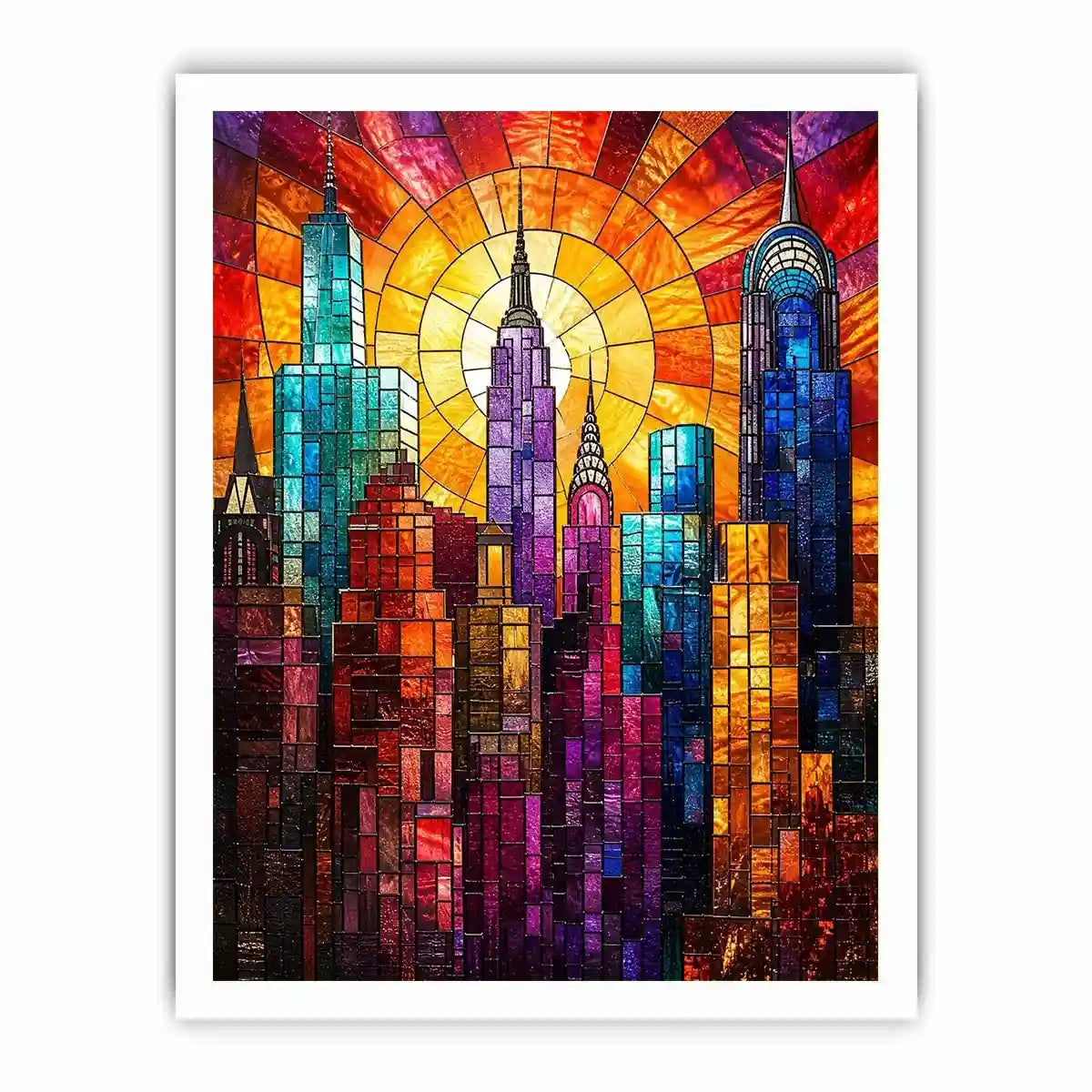 Radiant city skyline in stained glass