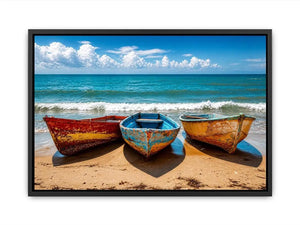 Weathered boats on a sunlit beach