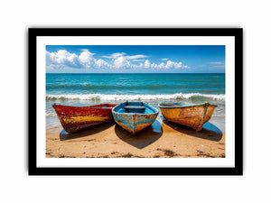 Weathered boats on a sunlit beach