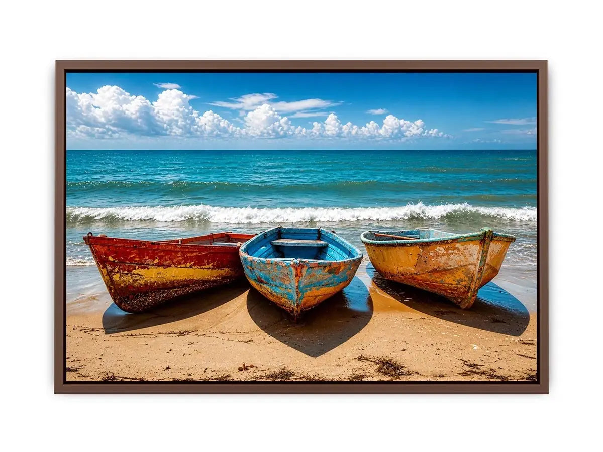 Weathered boats on a sunlit beach