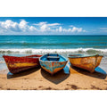 Weathered boats on a sunlit beach