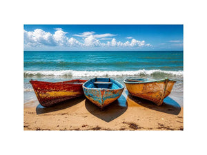 Weathered boats on a sunlit beach