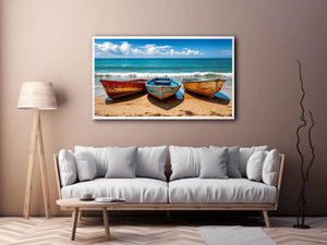 Weathered boats on a sunlit beach