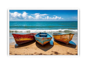 Weathered boats on a sunlit beach
