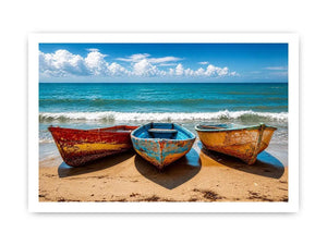 Weathered boats on a sunlit beach