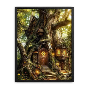 Whimsical treehouse in sunlit forest