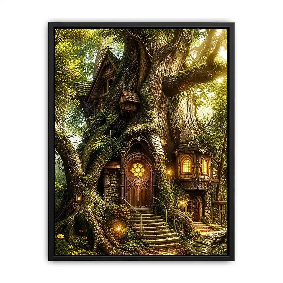 Whimsical treehouse in sunlit forest