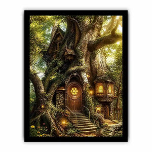 Whimsical treehouse in sunlit forest