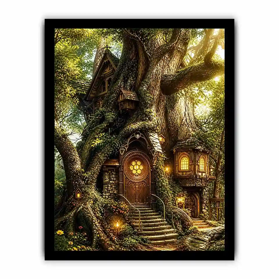 Whimsical treehouse in sunlit forest