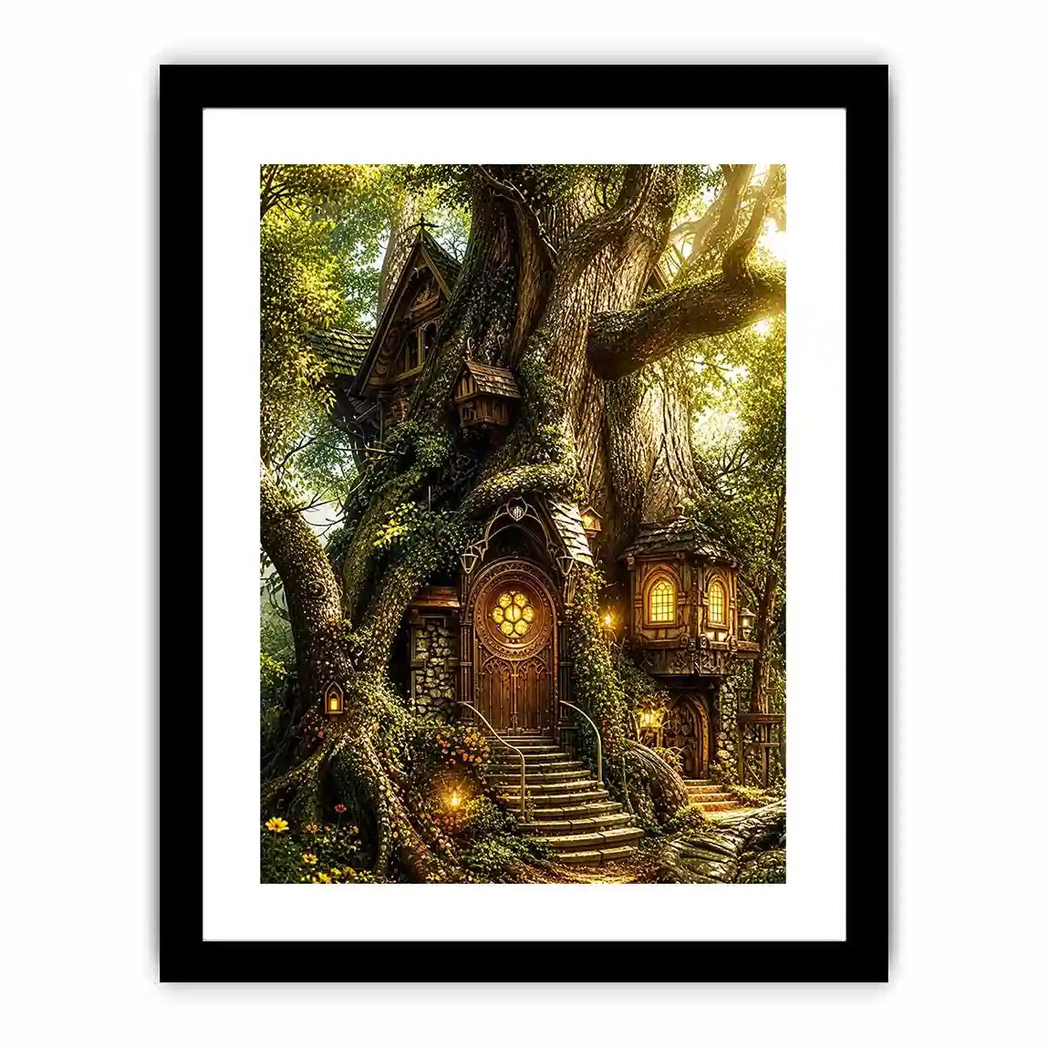 Whimsical treehouse in sunlit forest