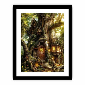 Whimsical treehouse in sunlit forest