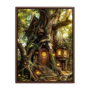 Whimsical treehouse in sunlit forest