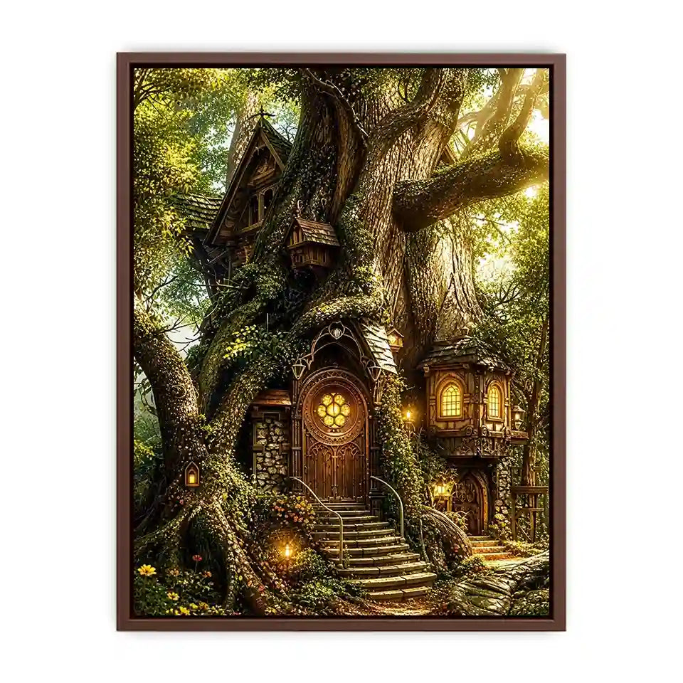 Whimsical treehouse in sunlit forest