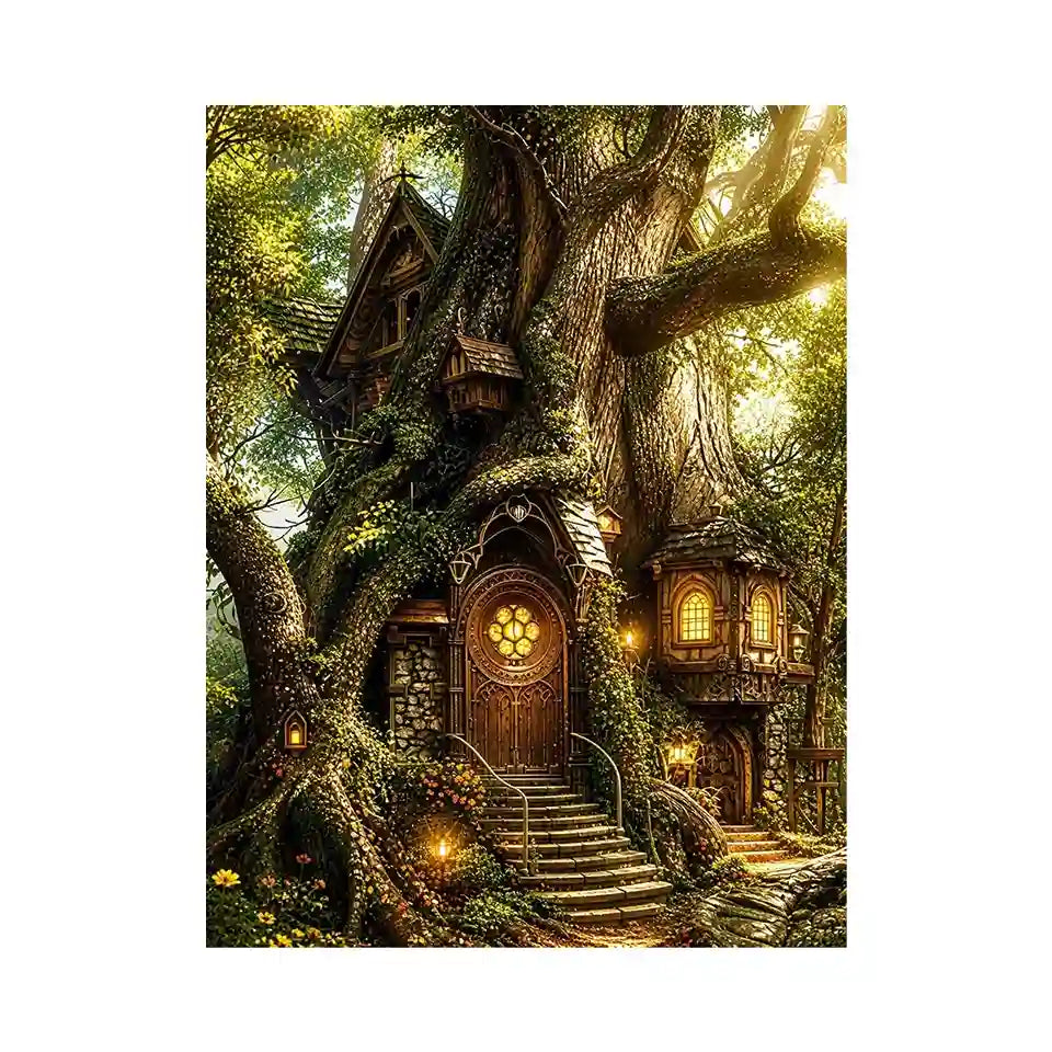 Whimsical treehouse in sunlit forest