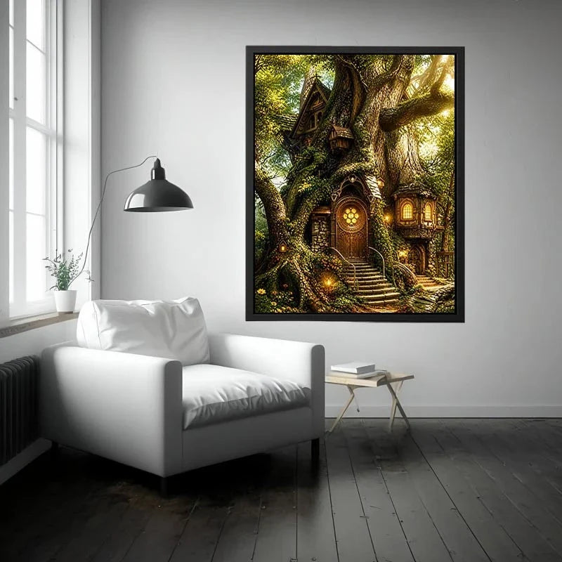 Whimsical treehouse in sunlit forest